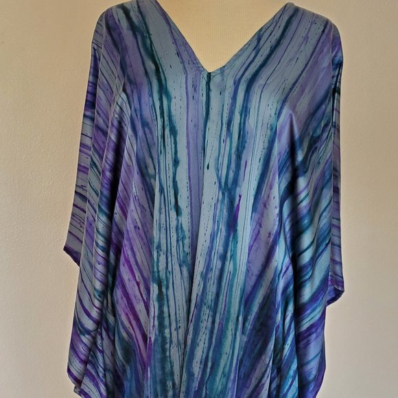 NEW Silk Caftan Kaftan top batwing resortwear beach blue black purple stripe XL